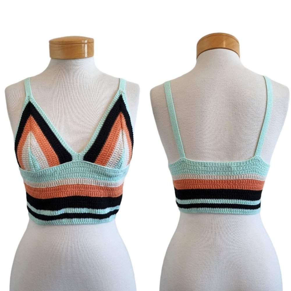 Zara Crochet Colorblock Striped Festival EDM Triangle Cup Crop Top Bra M